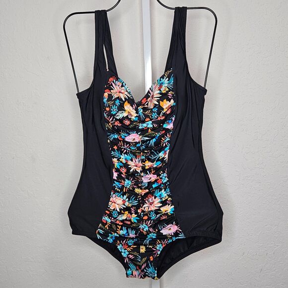 Paradise Bay Black Floral Print Pin Up Style One Piece Swim Bathing Suit Size 14 - Picture 1 of 5
